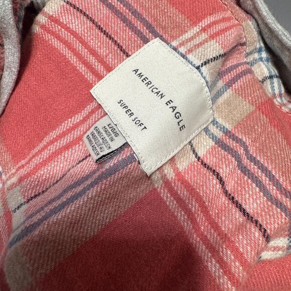American Eagle Hooded Flannel Shirt Mens Size L pink plaid super soft grunge - Picture 3 of 8